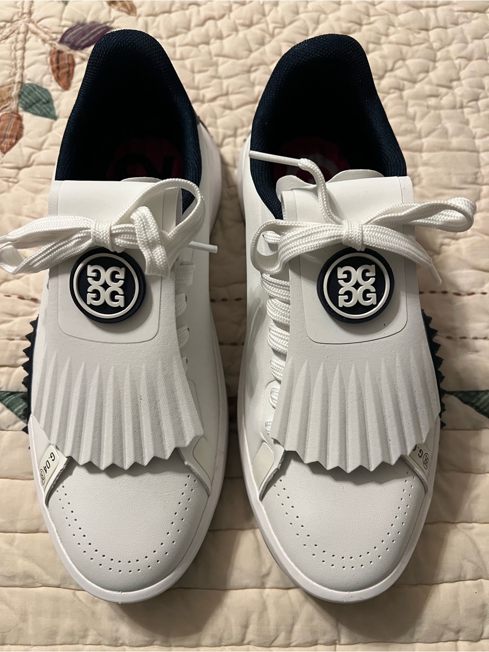 G/FORE White and Navy Women’s  Golf Sneakers with Kiltie Fringe